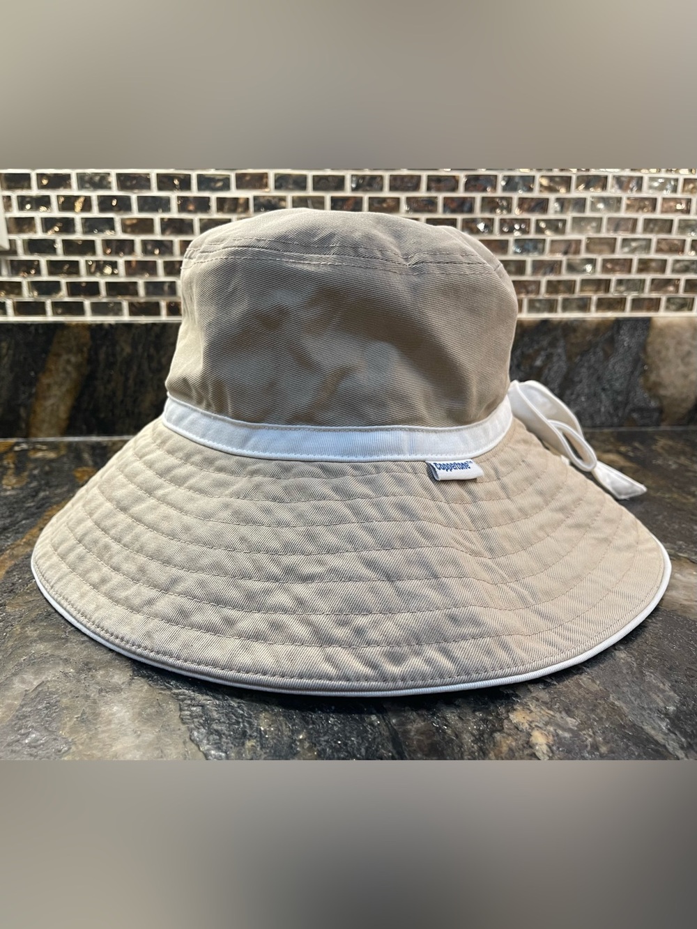 VTG Coppertone Bucket/Sun Hat Khaki Beige Canvas W/Cream Accent Bow
